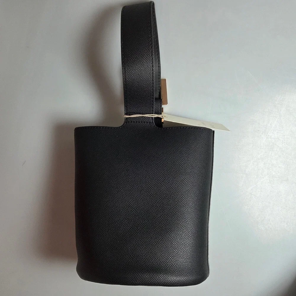 A New Day Womens Black Textured Faux Leather Bucket Bag Gold Buckle Handle NWT